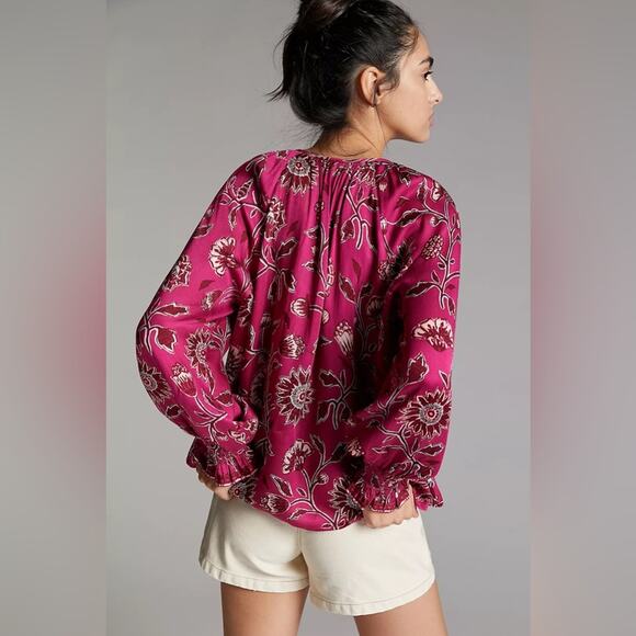 Anthropologie Omika Salena Peasant Blouse Pink Floral V-Neck Flowy Blouse Small - Picture 4 of 9